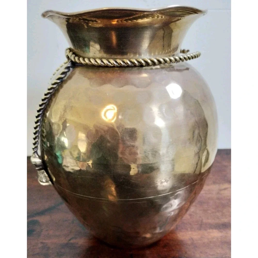 Vintage Hammered Brass Vase with Rope & Tassel Detail  Bohemian  MCM Decor